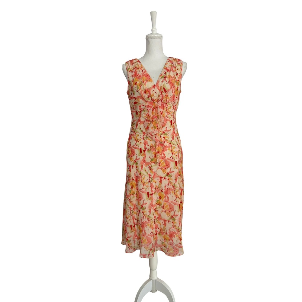 JBS Ltd Pink Orange Floral Ruffle V-Neck Sleeveless Midi Dress Size 8 Romantic